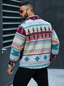 Extended Sizes Men's Plus Size Geometric Print Button Front Woolen Coat