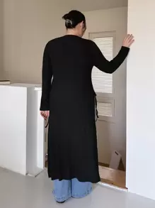 Dazy Plus Vestido de manga larga con detalle de nudo y abertura lateral, ropa de otoño para tallas grandes