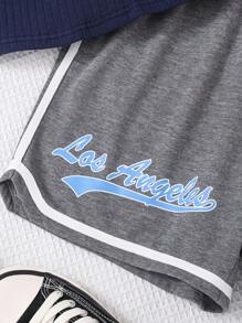 SHEIN Teenage Girls' Knitted Ribbed Cami Top With Letter Print Shorts Set - Blue - View 3