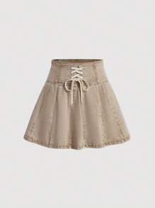 SHEIN MOD Women's Waist Tie Denim Skirt - Khaki - View 1
