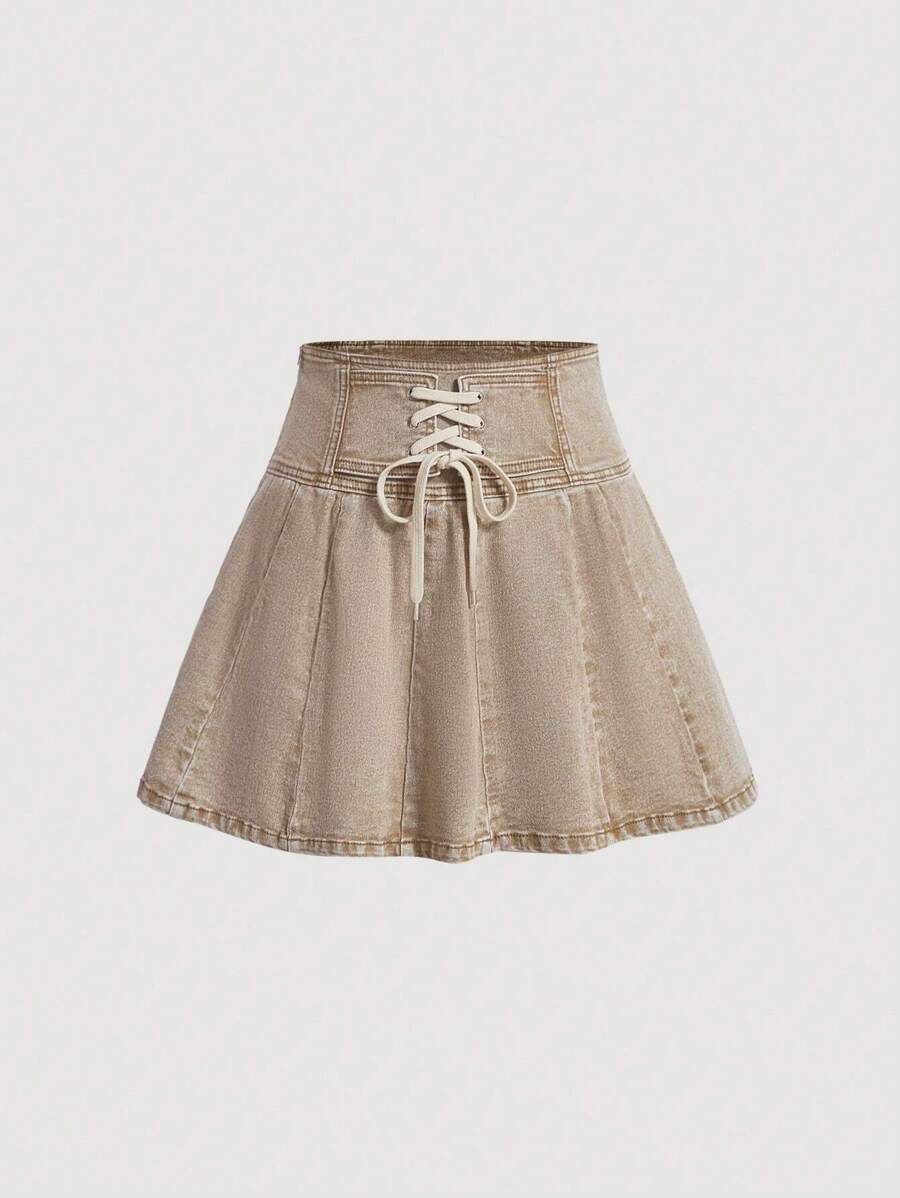 SHEIN MOD Women's Waist Tie Denim Skirt - Khaki - View 1