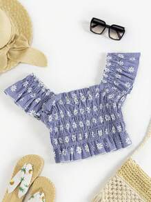 Soleia Áo sơ mi crop có in hoa sang trọng và viền ren xòe - Màu xanh lam - Xem 1