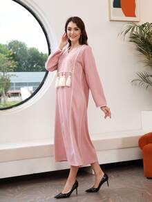 Sequin Embellished Tassel Detail Contrast Trim Dress - Pink - View 6