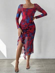 SHEIN Privé Tie-Dye Fold Asymmetrical Hem Bodycon Dress - Red Violet - View 5
