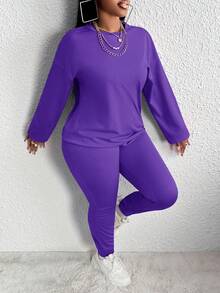 Slaydiva Women's Solid Color Drop Shoulder T-shirt And Leggings Two Piece Set - Purple - View 5