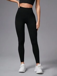 Yoga Basic Màu thuần Cao eo Quần Xà cạp thể thao - màu đen - Xem 5