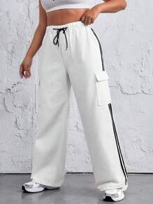 SHEIN EZwear 大尺碼女士寬鬆版牛仔褲,附有對比條紋 - 白色 - 查看 3