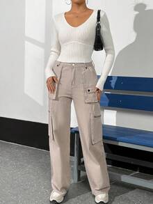 SHEIN Unity Màu thuần Cổ chữ V Tay áo dài Quần skinny Áo len - trắng - Xem 5