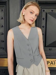 SHEIN BIZwear Solid Button Front Waistcoat - Grey - View 8