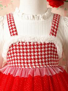 Dziecko Dziewczyny w pepitkę Siatka Warstwowe Sukienki Z Migotać