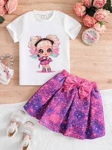 SHEIN Girl's Character Pattern Short-sleeved T-shirt And Bow Skirt Two-piece Summer Set - Multicolor - View 8