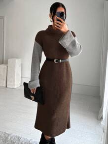 EURMUSE Women's High Neck Color Block Sweater Dress - Brown - View 5