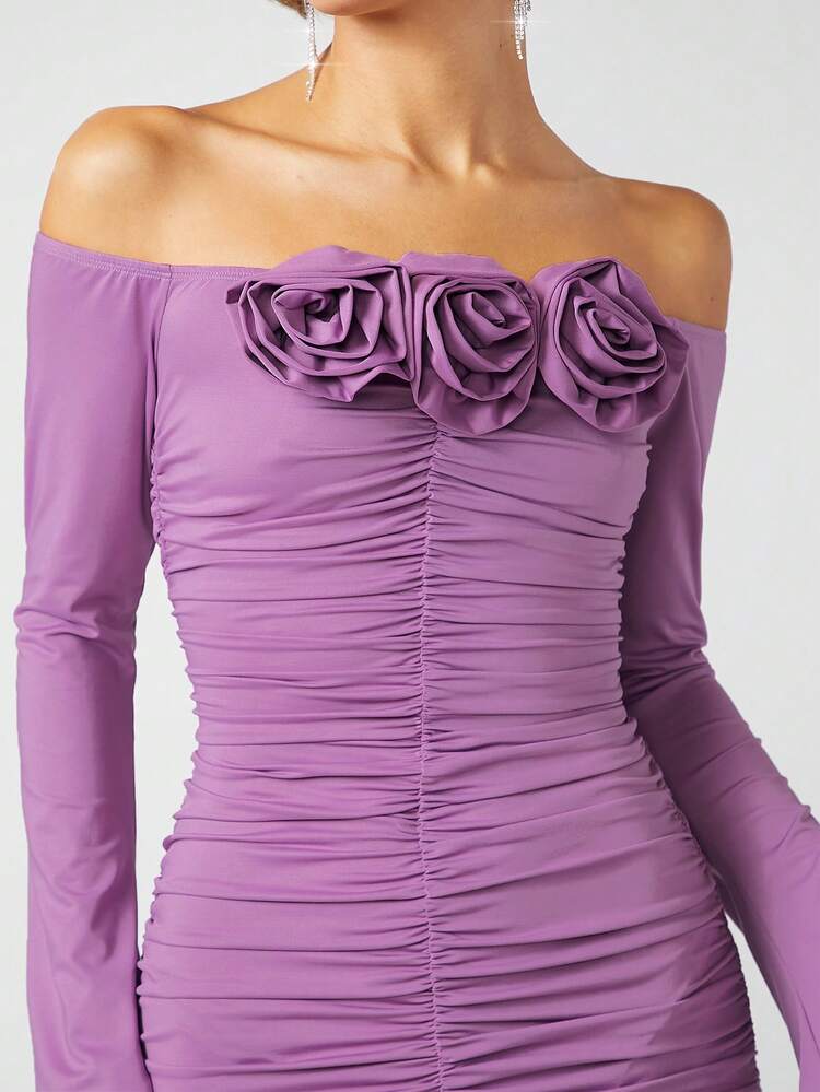 Off Shoulder 3D Flower Long Sleeves Elegant Ruched Dress