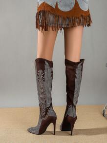 Styleloop Fashionable High Heel Boots With Rhinestones - Coffee Brown - View 6
