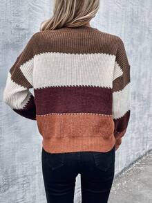 SHEIN LUNE V Neck Drop Shoulder Color Block Sweater - Multicolor - View 2