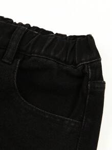 SHEIN Explorewe 女童直筒牛仔褲,有破洞設計和印有笑臉的圖案 - 黑色 - 查看 7