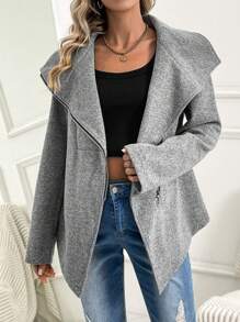 SHEIN Maternity Zipper Front Long Sleeve Coat - Grey - View 5