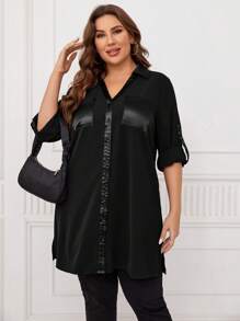 EMERY ROSE Plus Size Roll-up Sleeve Side Split Shirt - Black - View 4