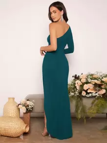 SHEIN Belle 不对称领口褶皱开叉下摆伴娘礼服，优雅长袖正式晚会舞会婚礼宾客礼服，适合毕业典礼、晚宴派对礼服 - 綠色 - 查看 2