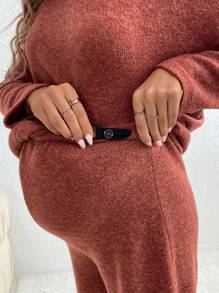 SHEIN 孕婦煙囪領落肩T恤&可調節腰圍長褲 - 鏽棕色 - 查看 3