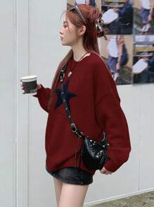 DAZY Women's Star Pattern Drop Shoulder Sweater - Red - View 3