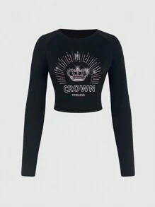 SHEIN Unity Women's Crown & Rhinestone Design T-Shirt Fall Cloth For Women - Black - View 1