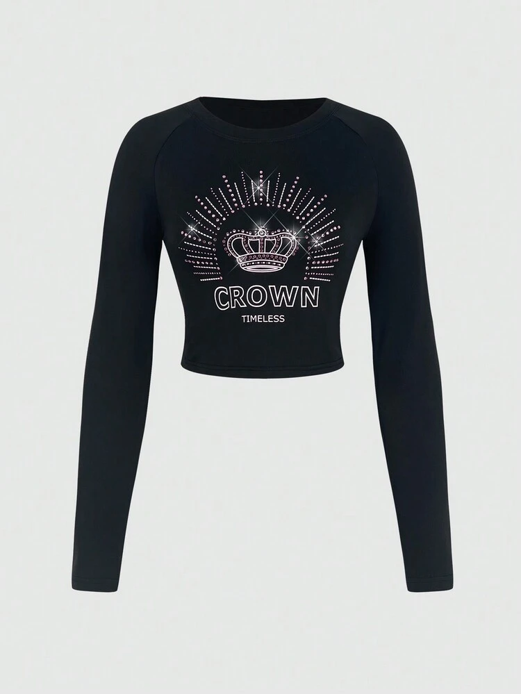 Women's Crown & Rhinestone Design T-Shirt Fall Cloth For Women