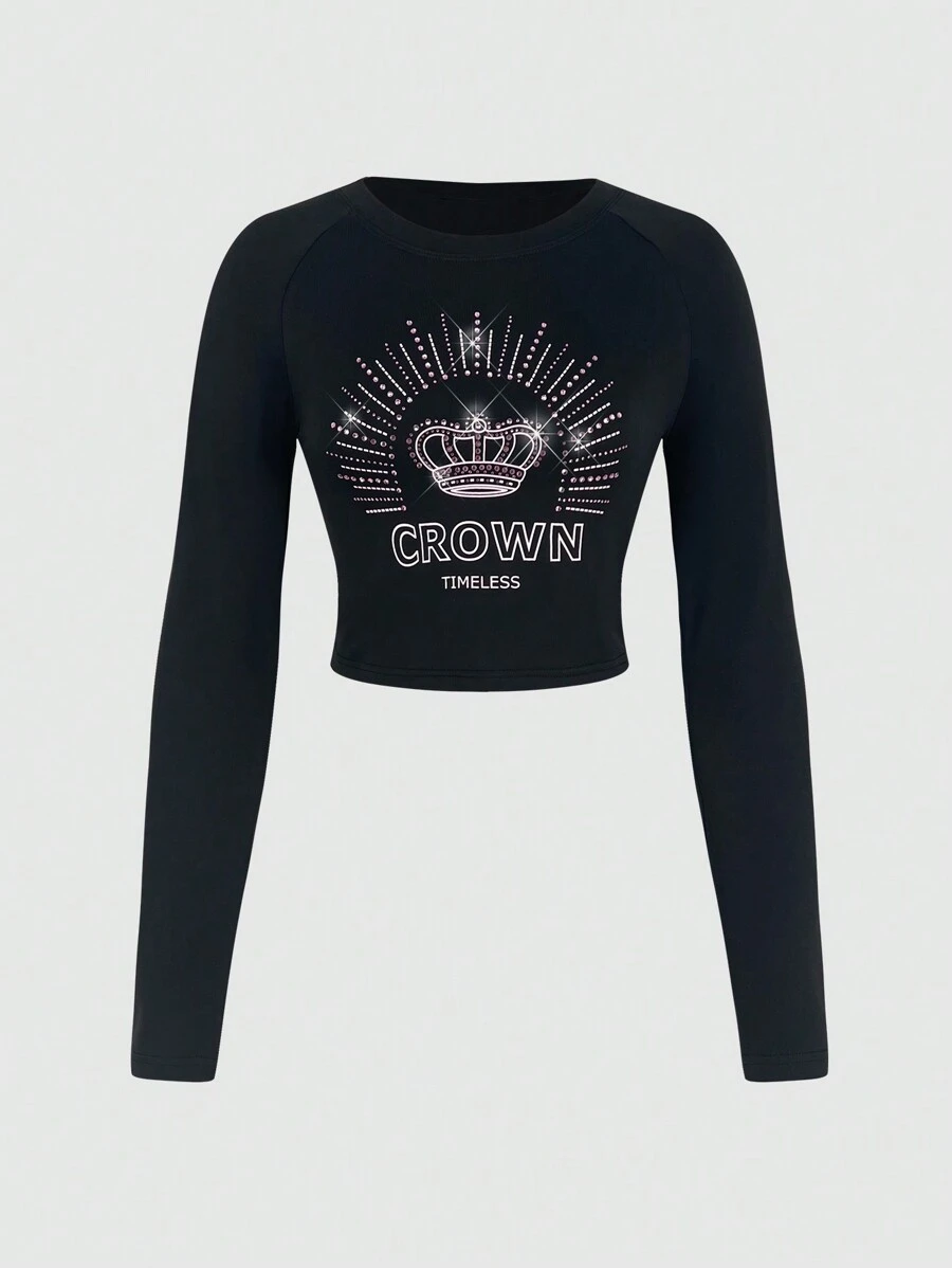 SHEIN Unity Women's Crown & Rhinestone Design T-Shirt Fall Cloth For Women - Black - View 1