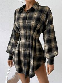 Chiquease Women's Checked Waist-drawstring Shirt - Brown - View 3