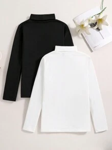 SHEIN 少女款2入組優雅高領T卹 - 黑色 - 查看 2