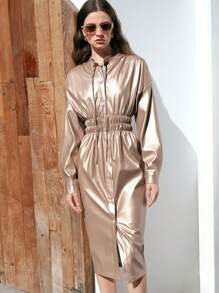 Anewsta Women's Tie Neck Fitted Waist Dress - Pink - View 5