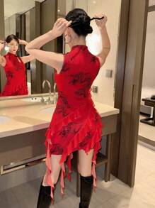 EastFlair 女士新風龍紋不對稱荷葉邊紅色迷你連身裙