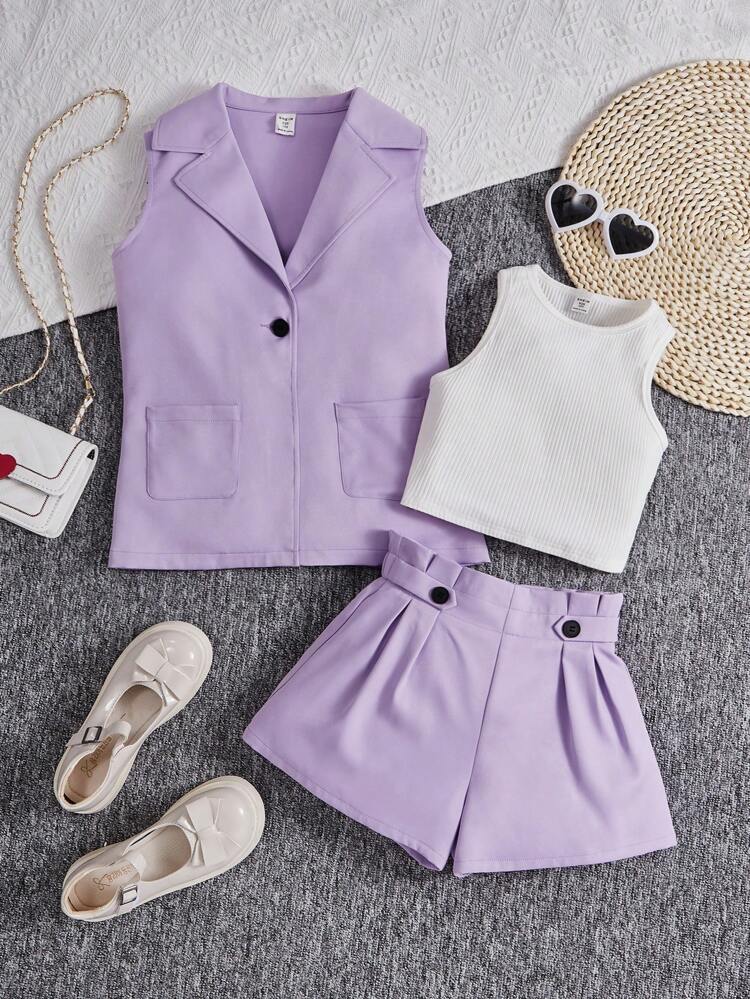 Tween Girls Sleeveless Blazer Jacket + Knit Vest + Shorts 3pcs Set
