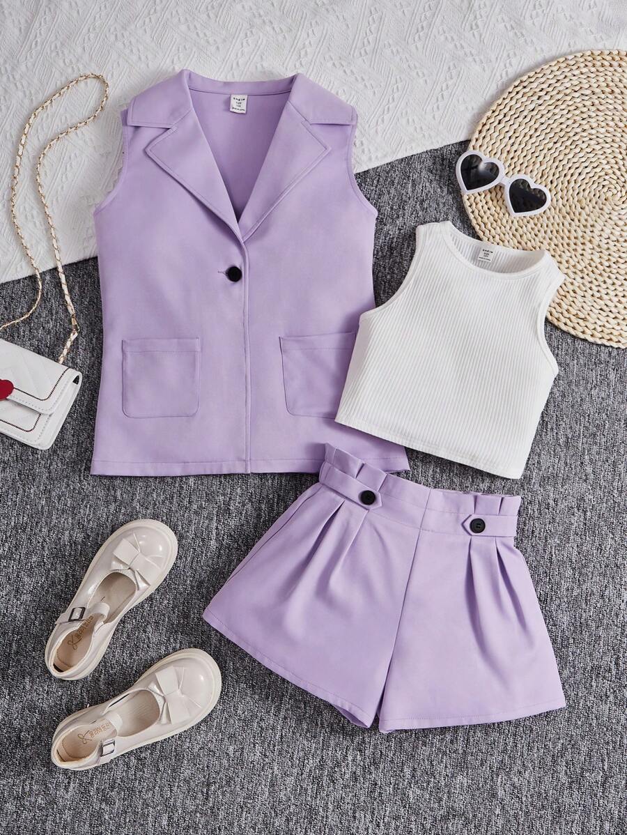 Tween Girls Sleeveless Blazer Jacket + Knit Vest + Shorts 3pcs Set - Mauve Purple - View 1
