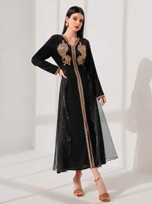 Al Najma Mesh Contrast Floral Applique Long Sleeve Dress Kaftan Jalabiya Dress - Black - View 3