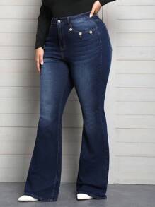 Women's Plus Size Button Closure Flared Denim Jeans With Slanted Pockets - Dark Wash - View 5