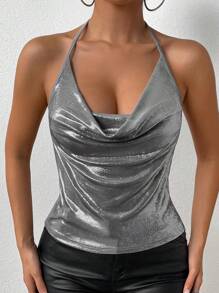 SHEIN Privé 銀色金屬搭配露背垂領上衣 - 銀色 - 查看 3