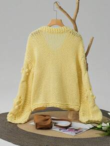SHEIN Essnce 鏤空落肩袖小絨球詳細套頭毛衣 - 黃色 - 查看 2