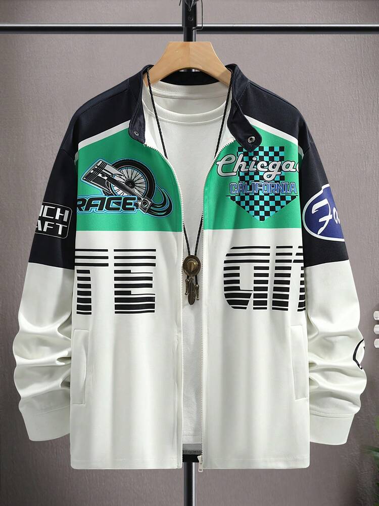 Loose Fit Men's Color Block Jacket With Text And Patchwork Design