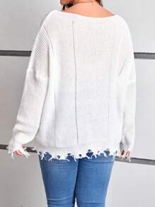 SHEIN LUNE Women's Plus Size Distressed Sweater - White - View 2