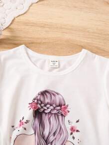 SHEIN Conjunto Impreso De Camiseta De Manga Corta Y Pantalones De Carga Para Niñas, Para Niños Pequeños Y Niños - Multicolor - Ver 3
