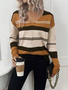 SHEIN LUNE Của phụ nữ Cổ chữ V Sọc Thả vai Giải trí Áo len - Nhiều màu - Xem 7