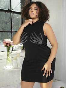 SHEIN CURVE+ 大碼鑲鑽骷髏與手紋印花連衣裙 - 黑色 - 查看 3