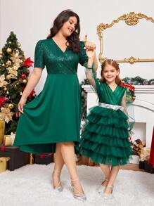 女孩梭織凈色拼接網紗蛋糕裙禮服裝