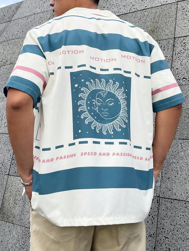 Men's Short Sleeve Color Block And Text Print Shirt