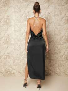 SHEIN BAE Backless Diamond Chain Satin Halterneck Dress - Black - View 7
