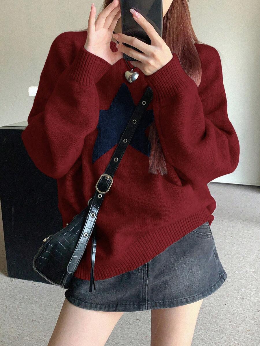 DAZY Women's Star Pattern Drop Shoulder Sweater - Red - View 1