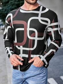 Manfinity Homme 男款全印花圓領長袖圖案 T 卹 - 黑與白 - 查看 6