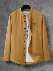 Manfinity Homme Áo sơ mi nam dài tay thêu sừng hươu, cổ bẻ cài nút, dáng ôm, màu trơn, mùa thu - Màu Cam cháy - Xem 6