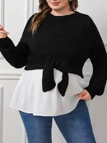 Plussiva Maternity Plus Size Color Block Pullover Sweater, For Winter - Black and White - View 6